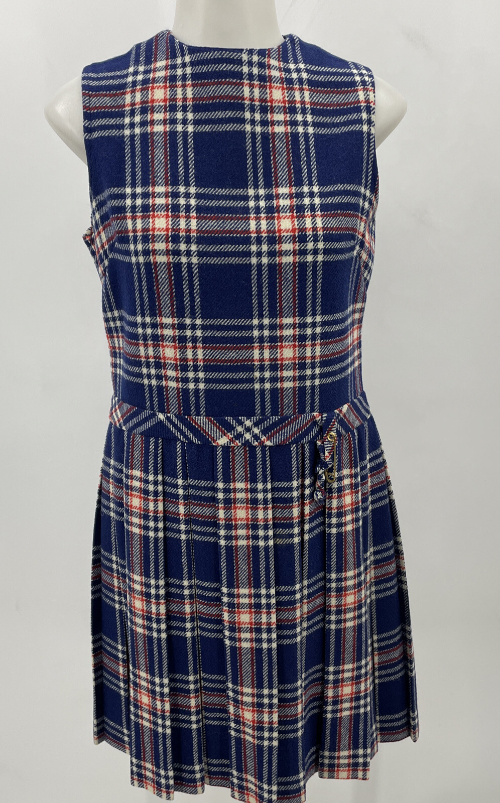 Vintage 60 s 70 s Girltown Blue Plaid Jumper Pleated Dress Decorative Pin Grunge