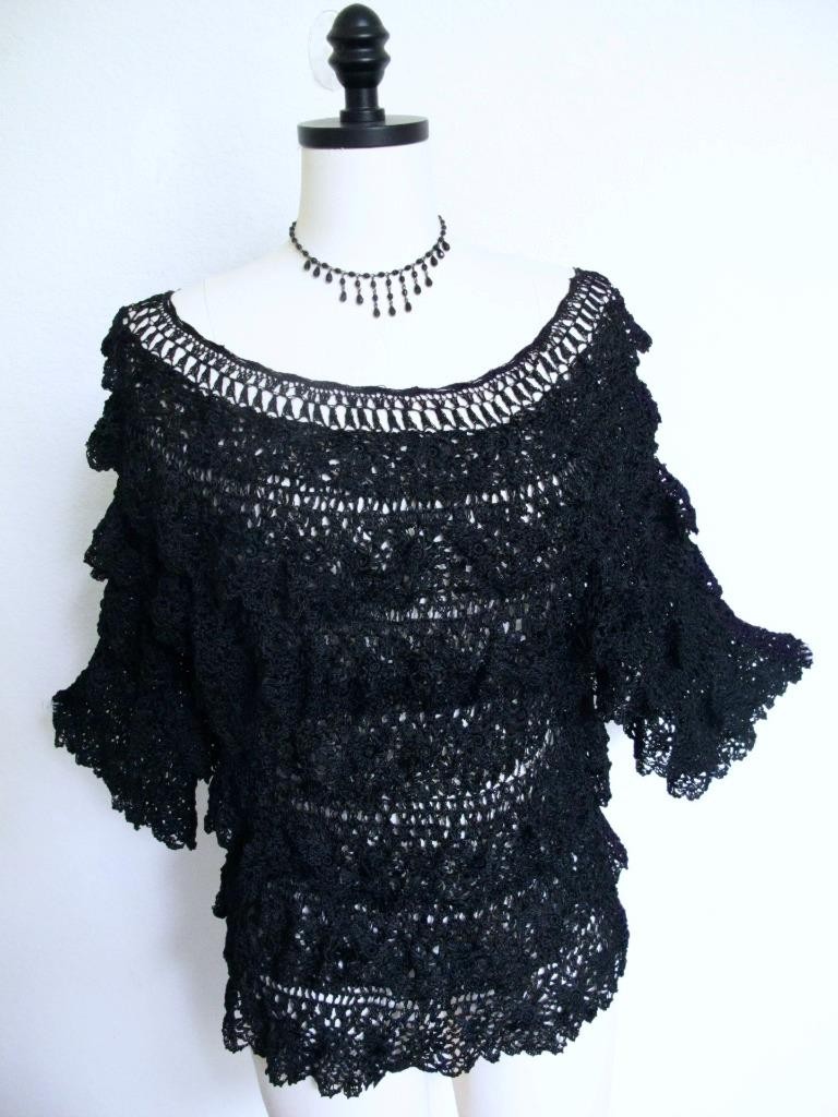 Vintage Aria A. Crochet Tier Ruffle Top L XL Romantic Bohemian HandCrochet Black