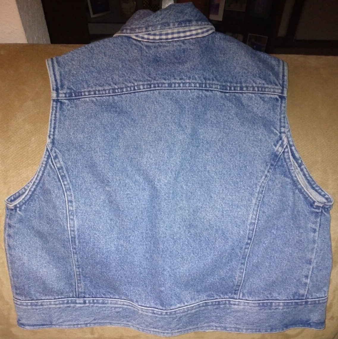 VINTAGE CAMBRIDGE DRY GOODS CDG DENIM JACKET VEST BLUE CHECK TRIM SZ S WOMEN
