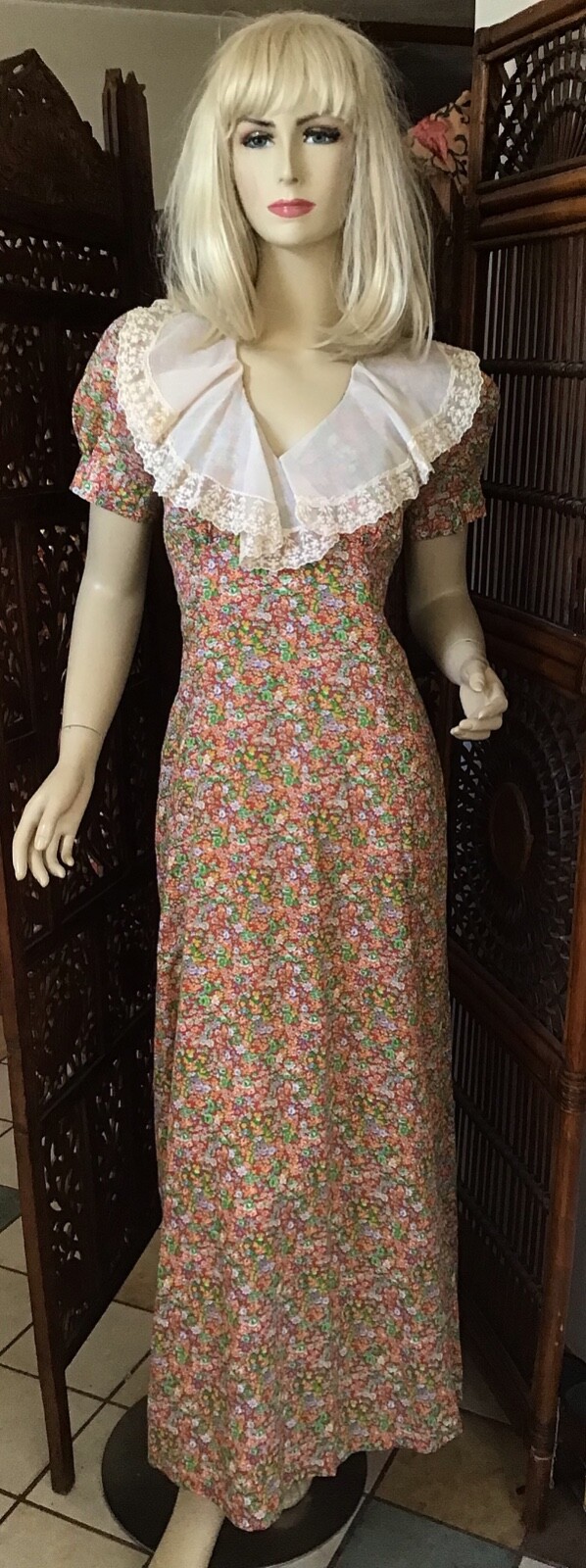 Vintage 1970s Irene Kasmer Calico Tiny Floral Print Maxi Dress Size XS
