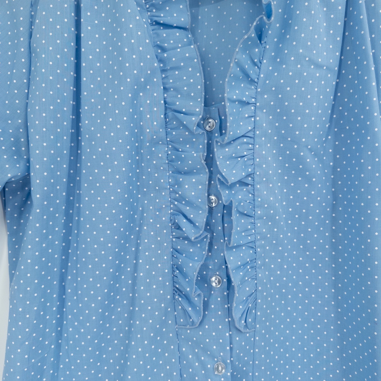 Vintage Prairie Blouse Womens S Blue Polka Dot Ruffle Cottage Granny Retro Femme