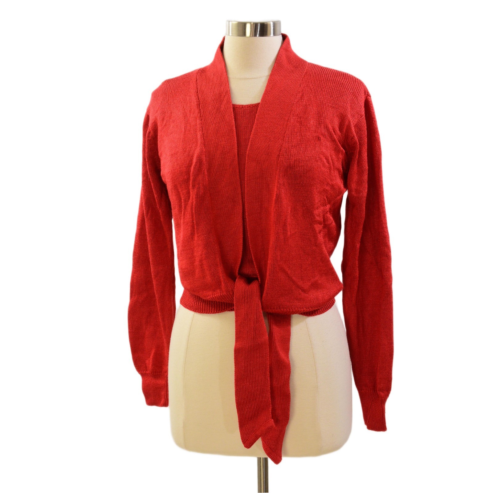 90s Vintage Red Knit Sweater Set Womens S Cropped Tank Wrap Cardigan Shawl Colla