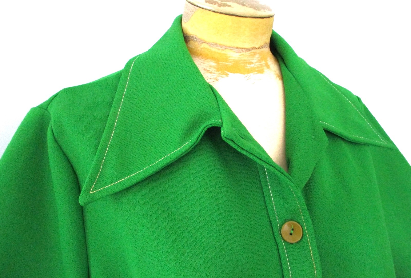 Vtg 60s 70s Green Poly Knit Button Blouse Top Dagger Collar Larger Size XL/2XL