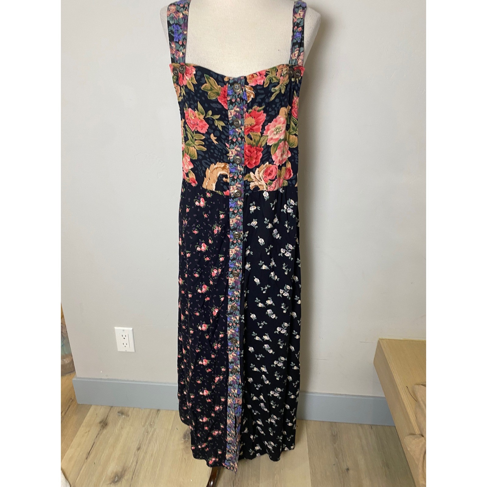 Vintage 90s Mixed Floral Patchwork Maxi Dress Navy Blue Button Front Jumper L