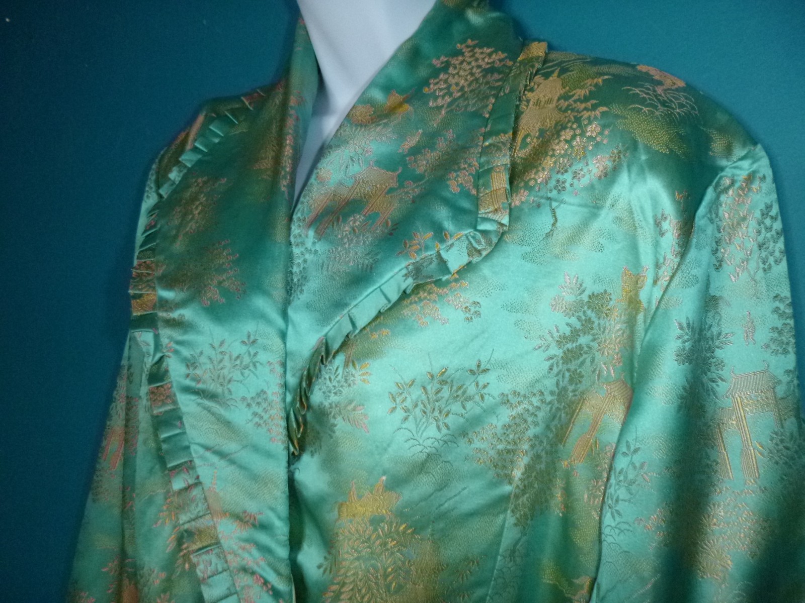 Vtg 40s 50s Aqua & Gold Satin Brocade Robe Dressing Gown Asian Motif Sz S/M