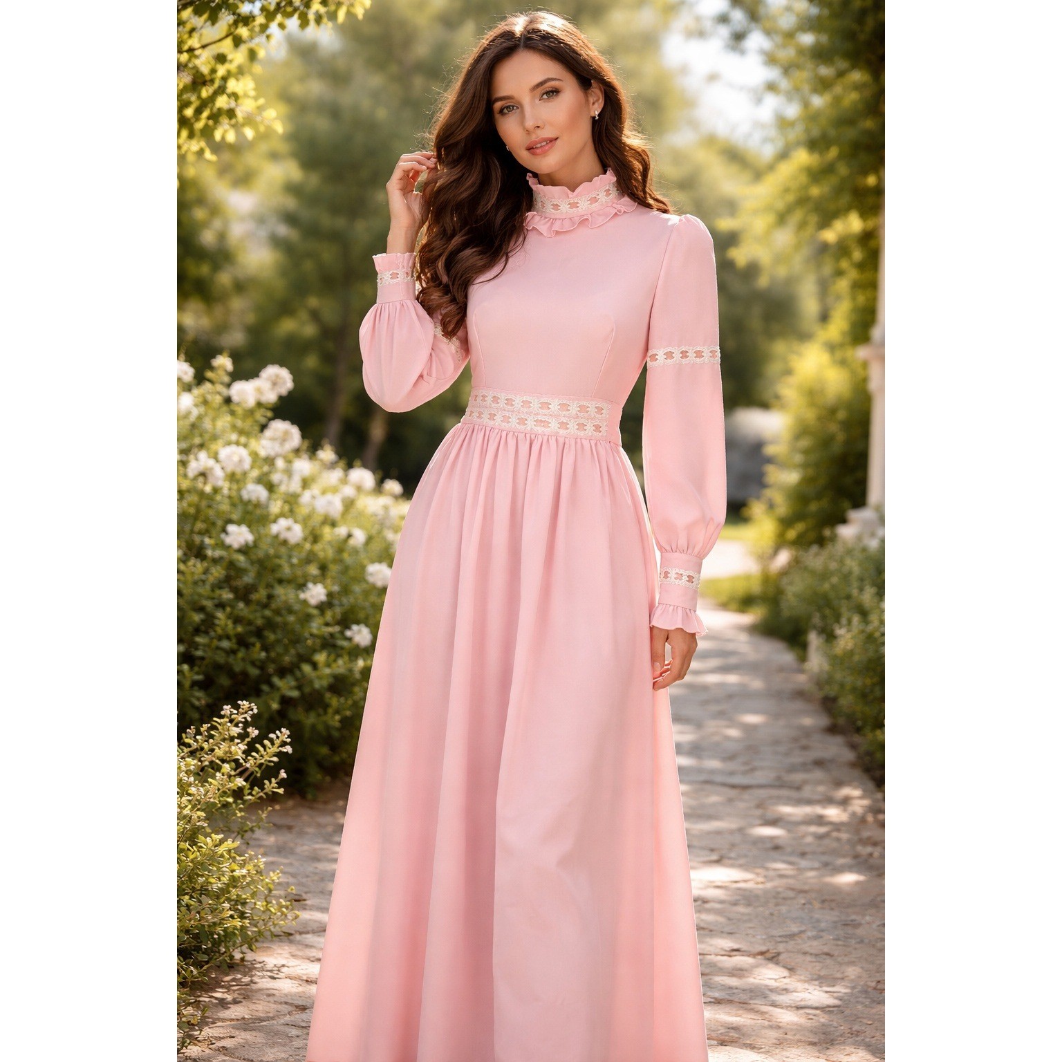 1970s Pink Prairie Maxi Dress Ruffle Neck Lace Trim Cottagecore Formal Vintage