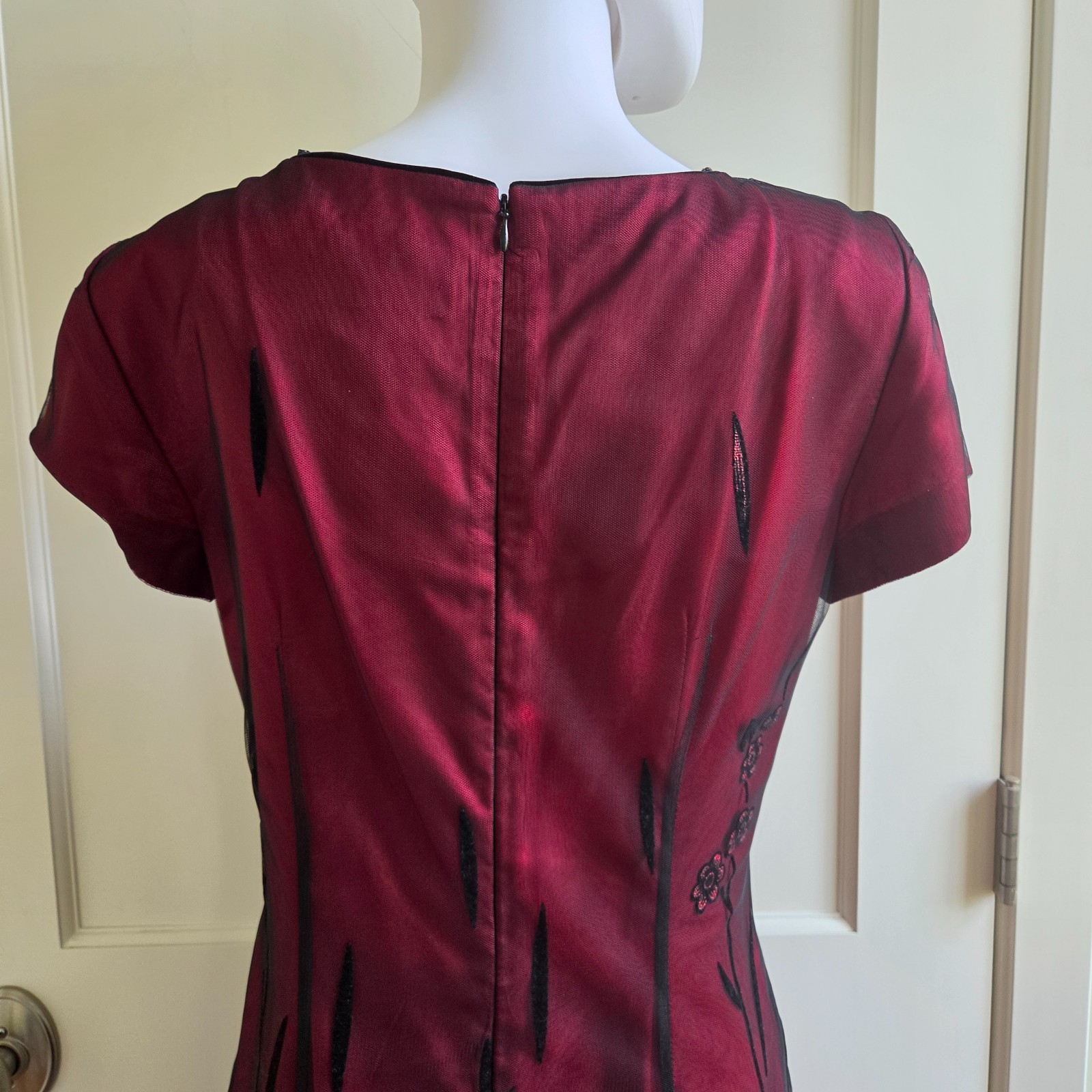 Vintage 90s Virgo II Burgundy Black Floral Mesh Maxi Dress Size 8 USA