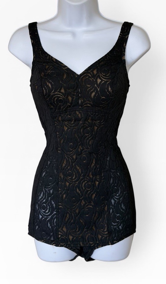 Vtg 60s Jantzen Pin Up Black Lace Bathing Suit 14 Runs Small Bullet Bra USA