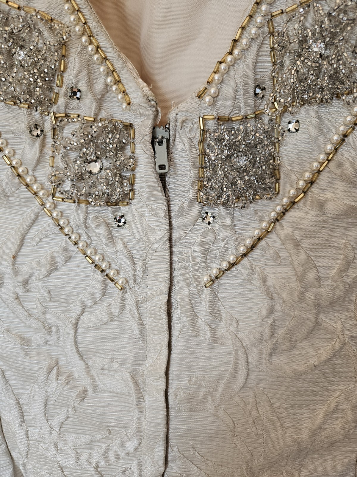1960s Vintage Embossed Taupe Bodice top with rhinestone embellishments