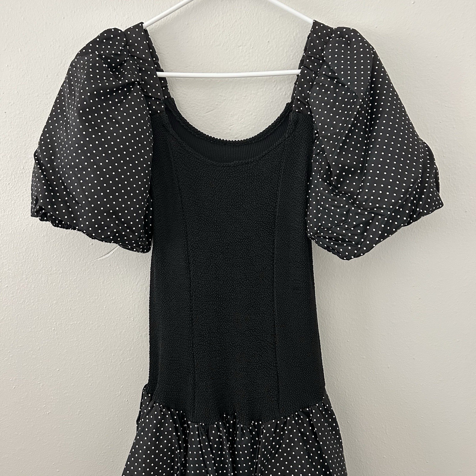 Vintage 80s Polka Dot Prom Party Dress Balloon Puff Sleeve Drop Waist Hi-Low Hem