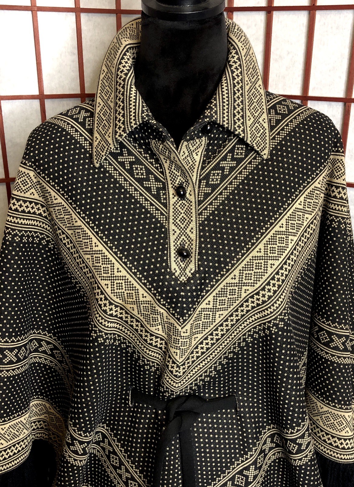 Vintage 60s 70s BUTTE KNIT Polyester Black Beige Fringe Belted Poncho Coat Dress