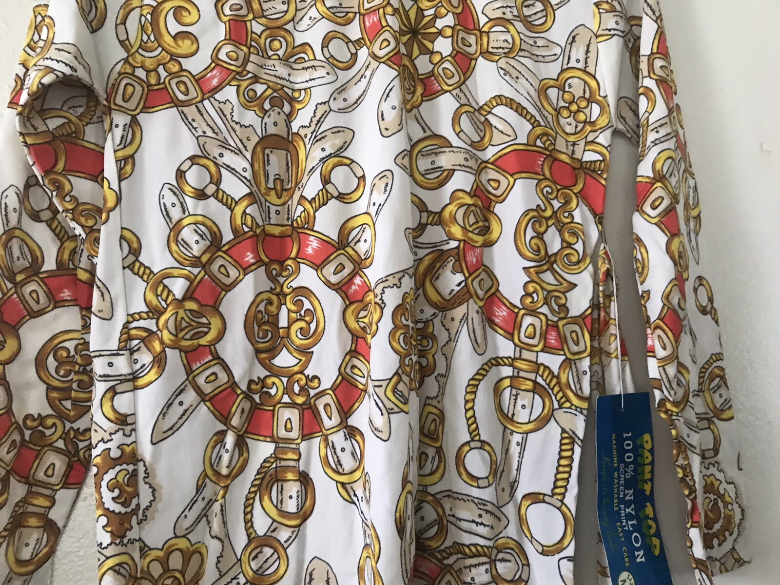 NWT Vintage ‘70s Nylon Stretch Tie-Waist Long Sleeve Screen Print Pant Top Sz M