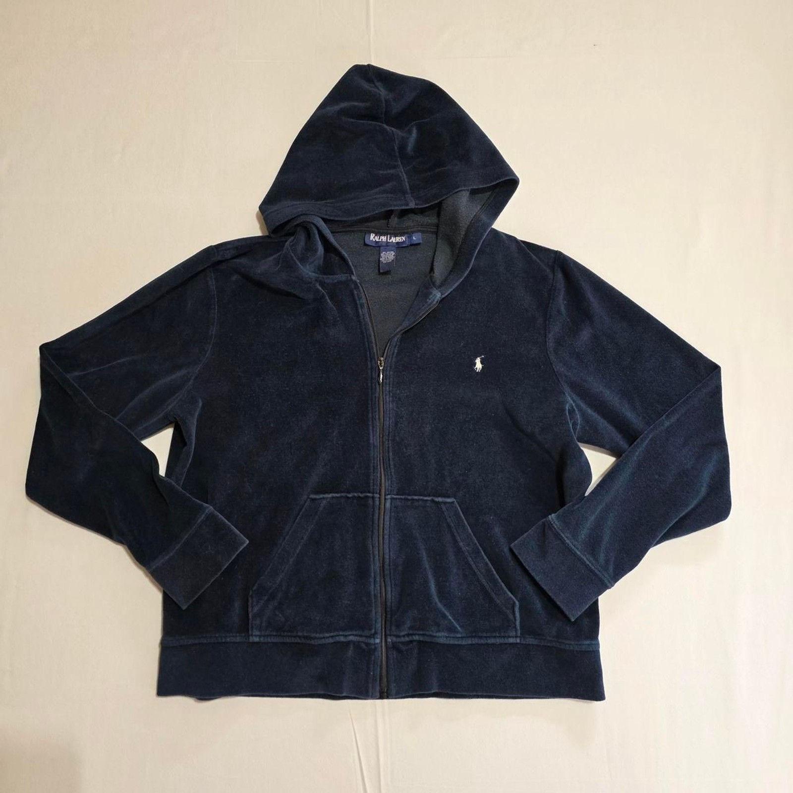 Ralph Lauren deep turquoise/navy color Velvet Zip Up Hoodie pony logo size Large