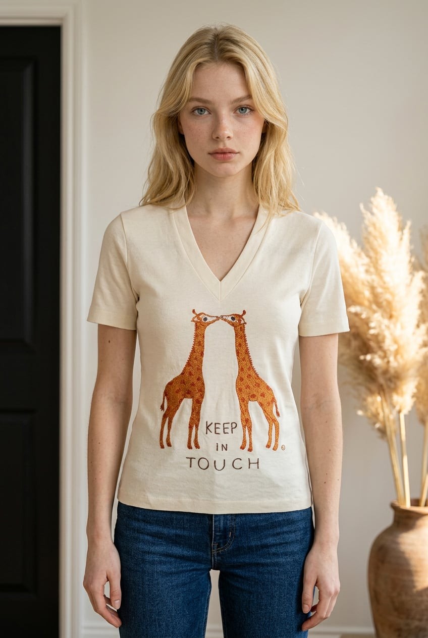 Vintage Cyn-Les Shirlee Designs Giraffe Keep In Touch V-Neck T-Shirt