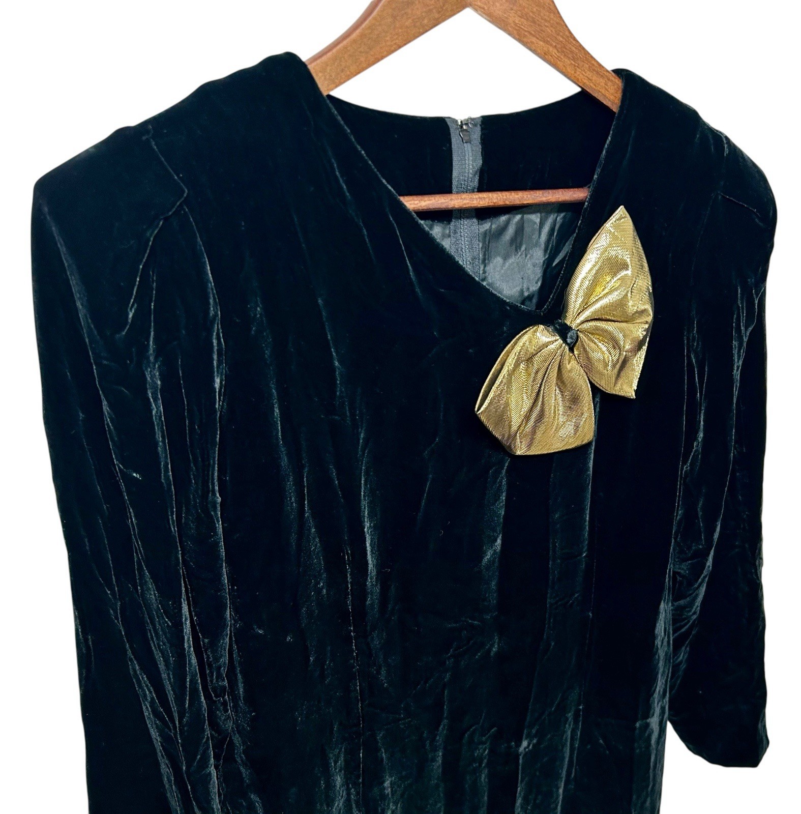 Vintage Halston III Black Velvet Dress sz8 Shoulder Pads Gold Bow Long Sleeve