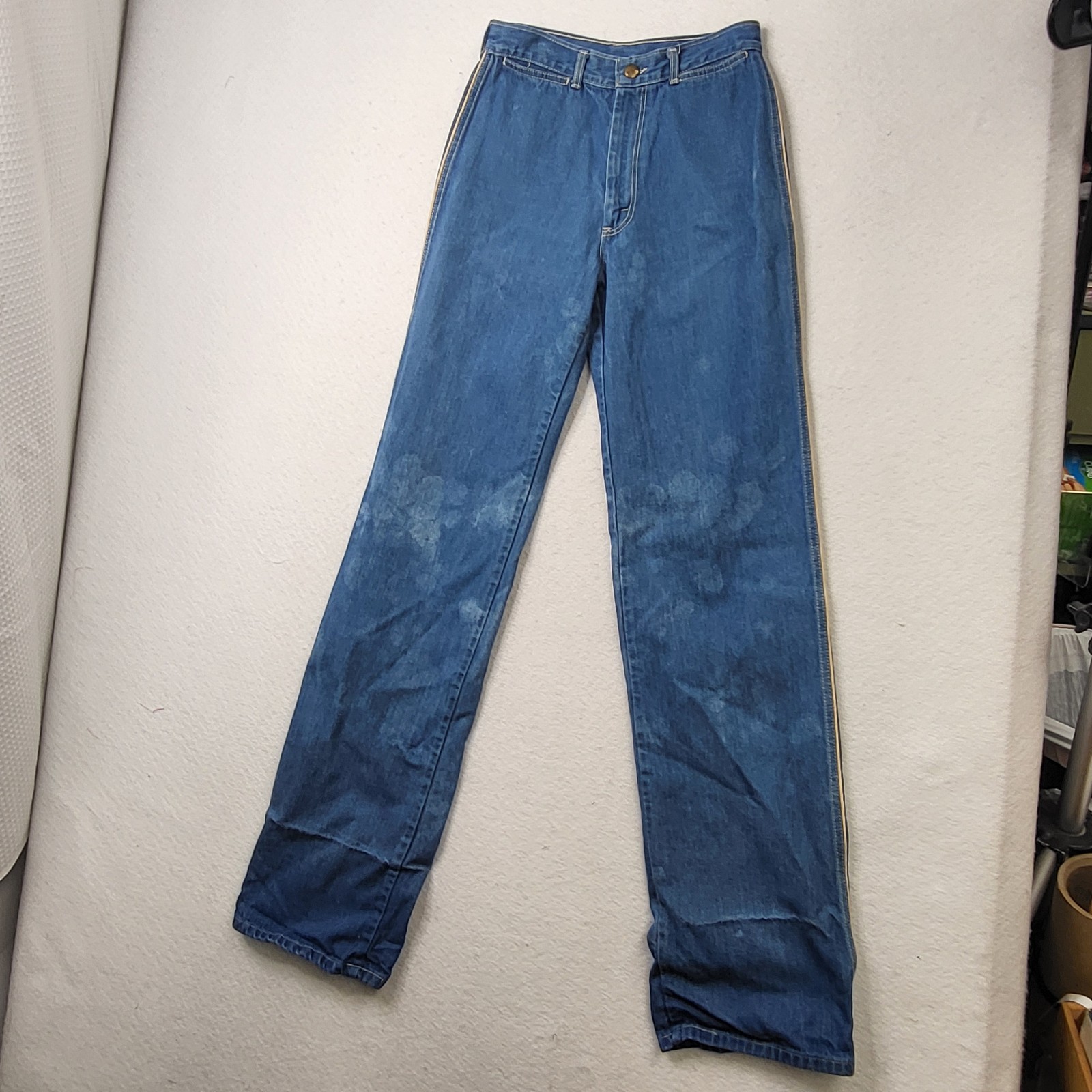 VTG 70s Landlubber Flared Leg Denim Jeans 26 Waist x 35 Distressed stained USA