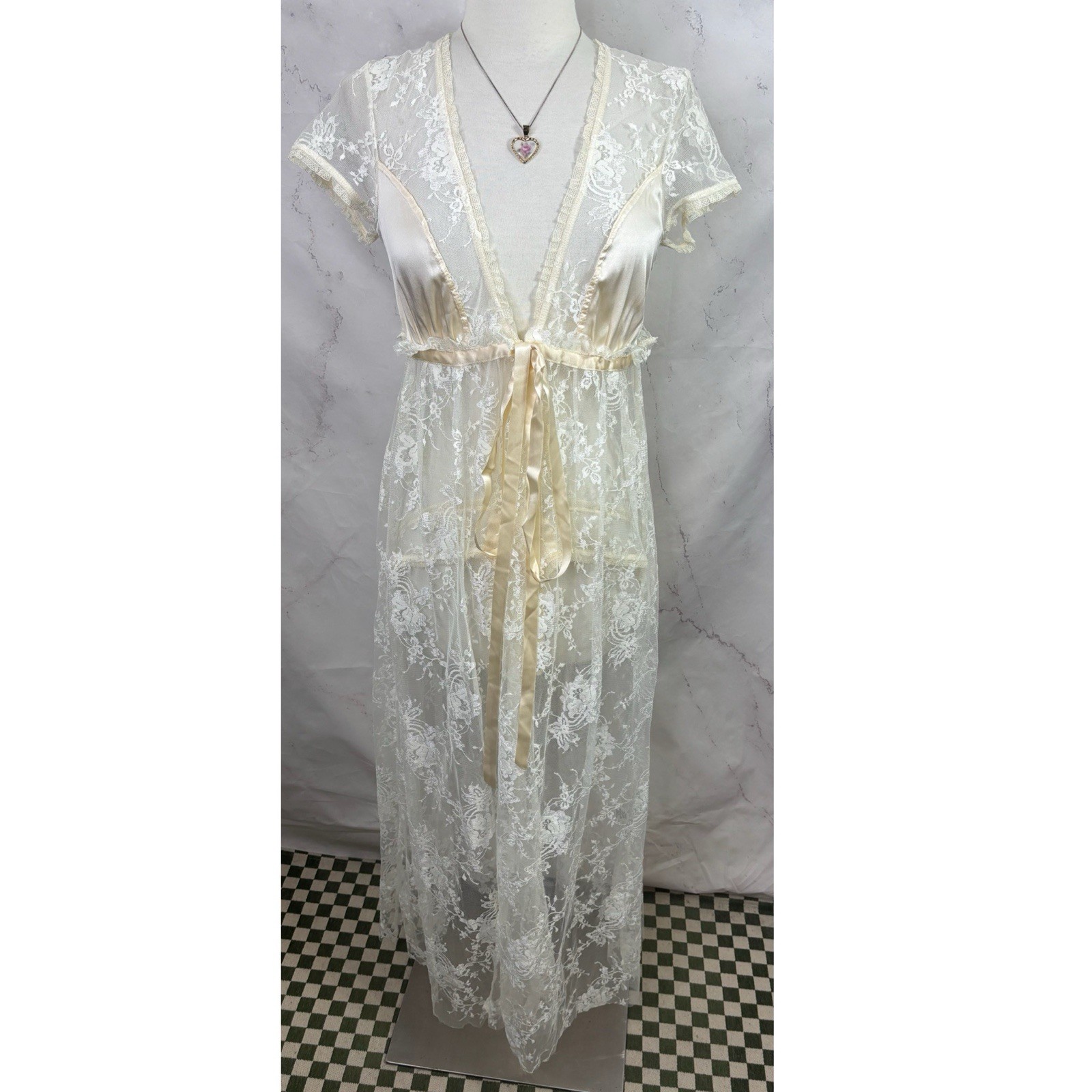 Vtg 90s CLAIRE PETTIBONE Babydoll Sheer Lace Silk Nightgown Robe Dress S Bride
