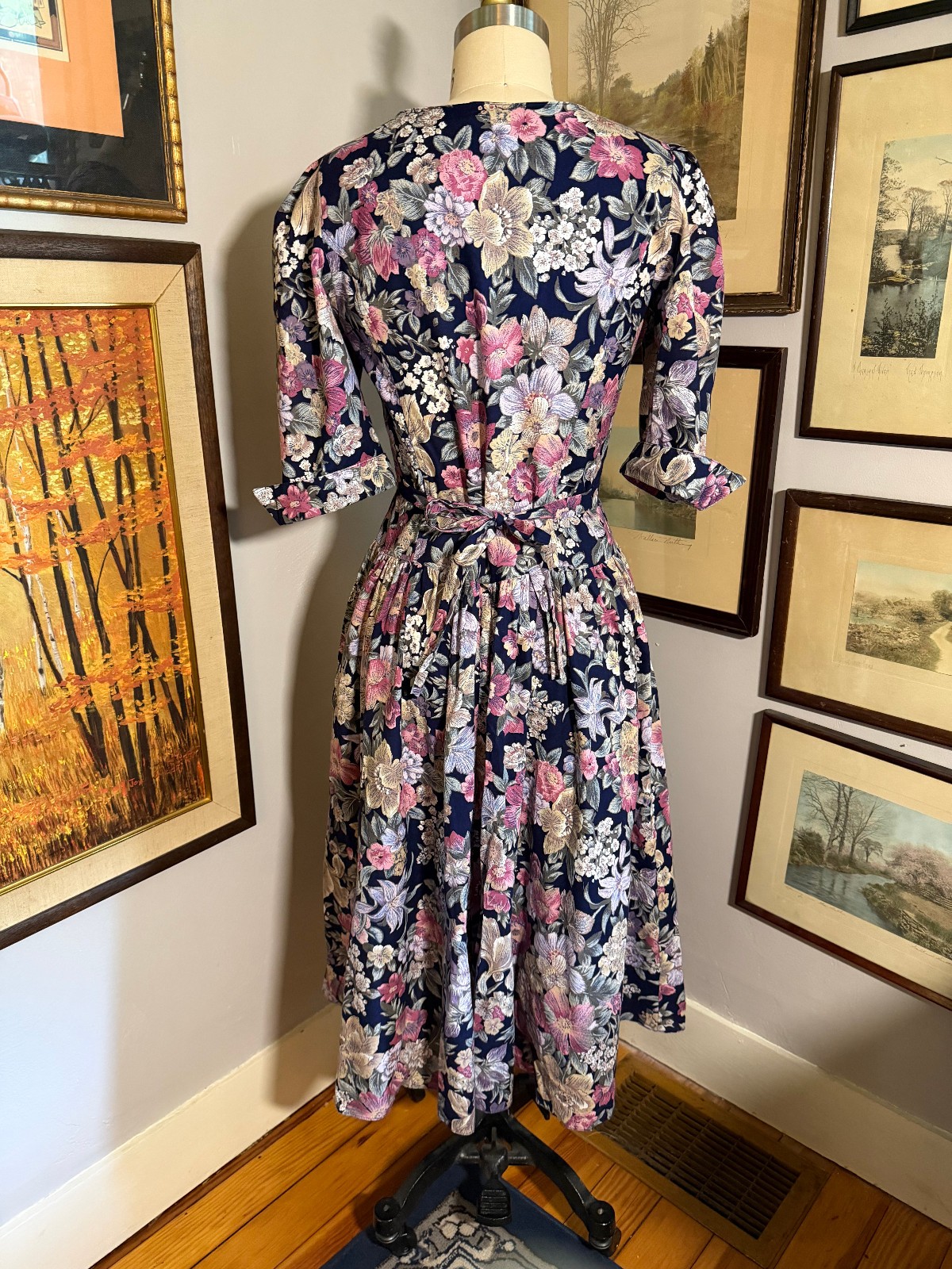 Vintage 80s-90s Jodi Michaels navy floral basque waist dress US7