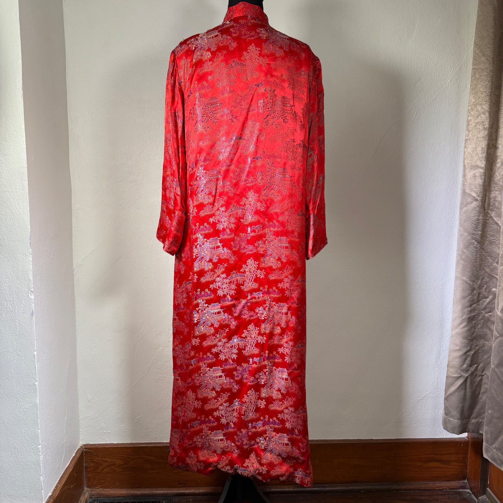 VTG Peony Brand Dress Womens Red Floral 40s Rayon Asian Gown Robe Shanghai China