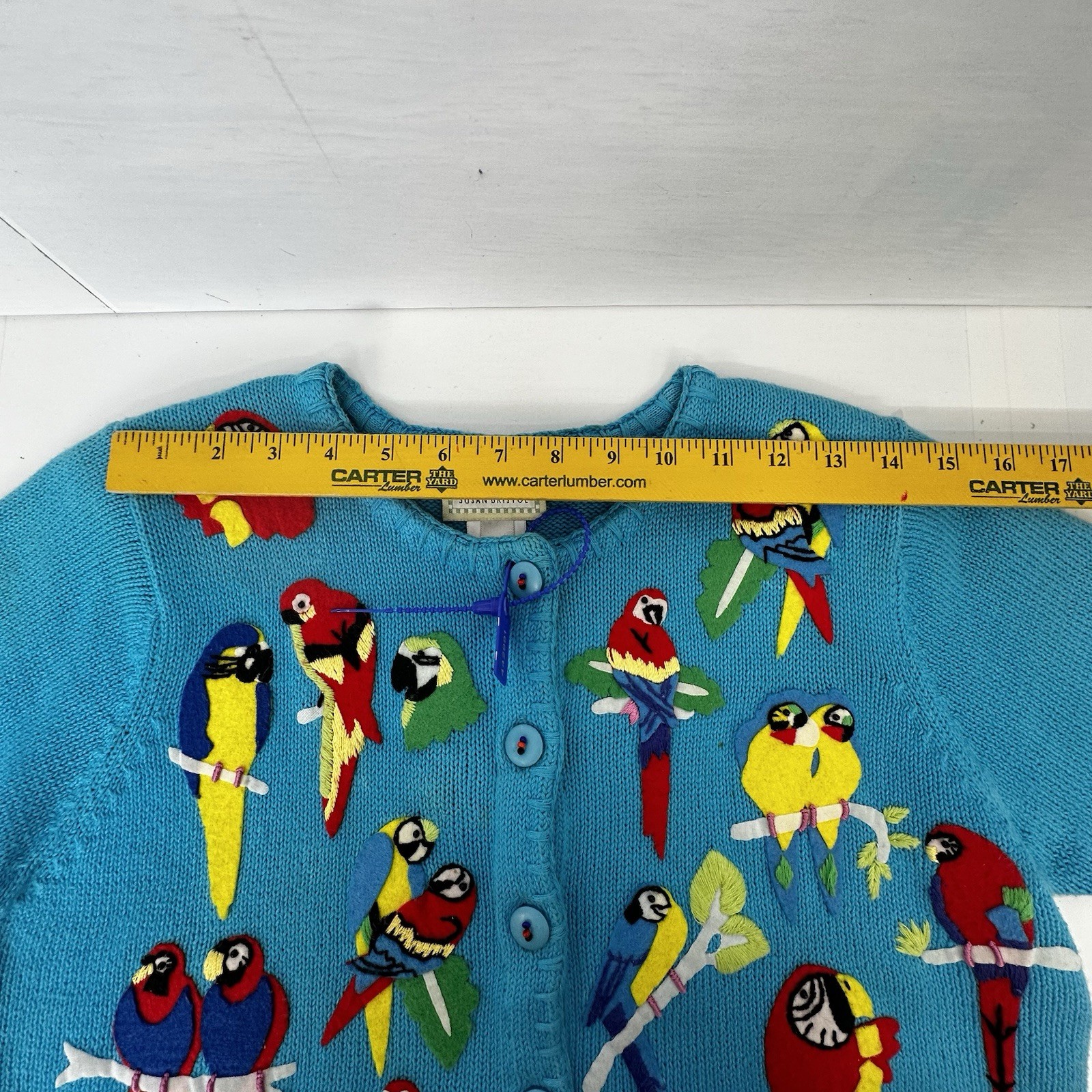 Susan Bristol VTG 1999 Parrot Cardigan Tropical Bird Knit RamieCotton Y2K S READ