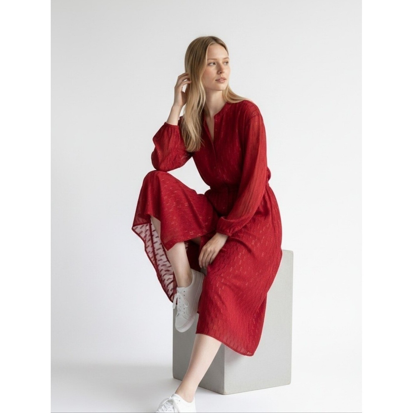 Anthropologie Long-Sleeve Dress Red W/Gold Threading Lined Flowy Gauzy Sz XS EUC