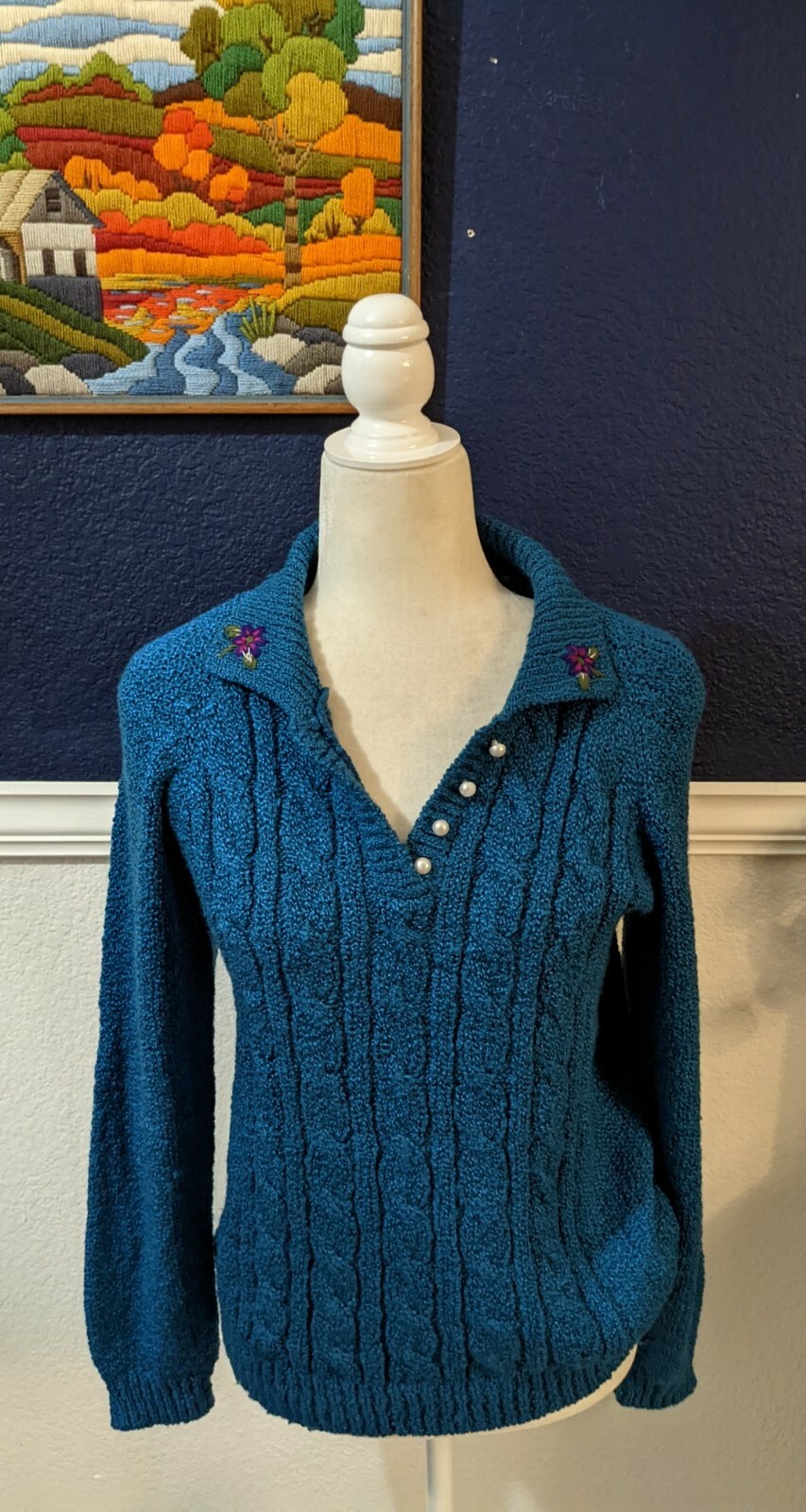 VTG Baxter Wells Blue Knit Pullover Sweater Embroidered Floral Sz Medium M