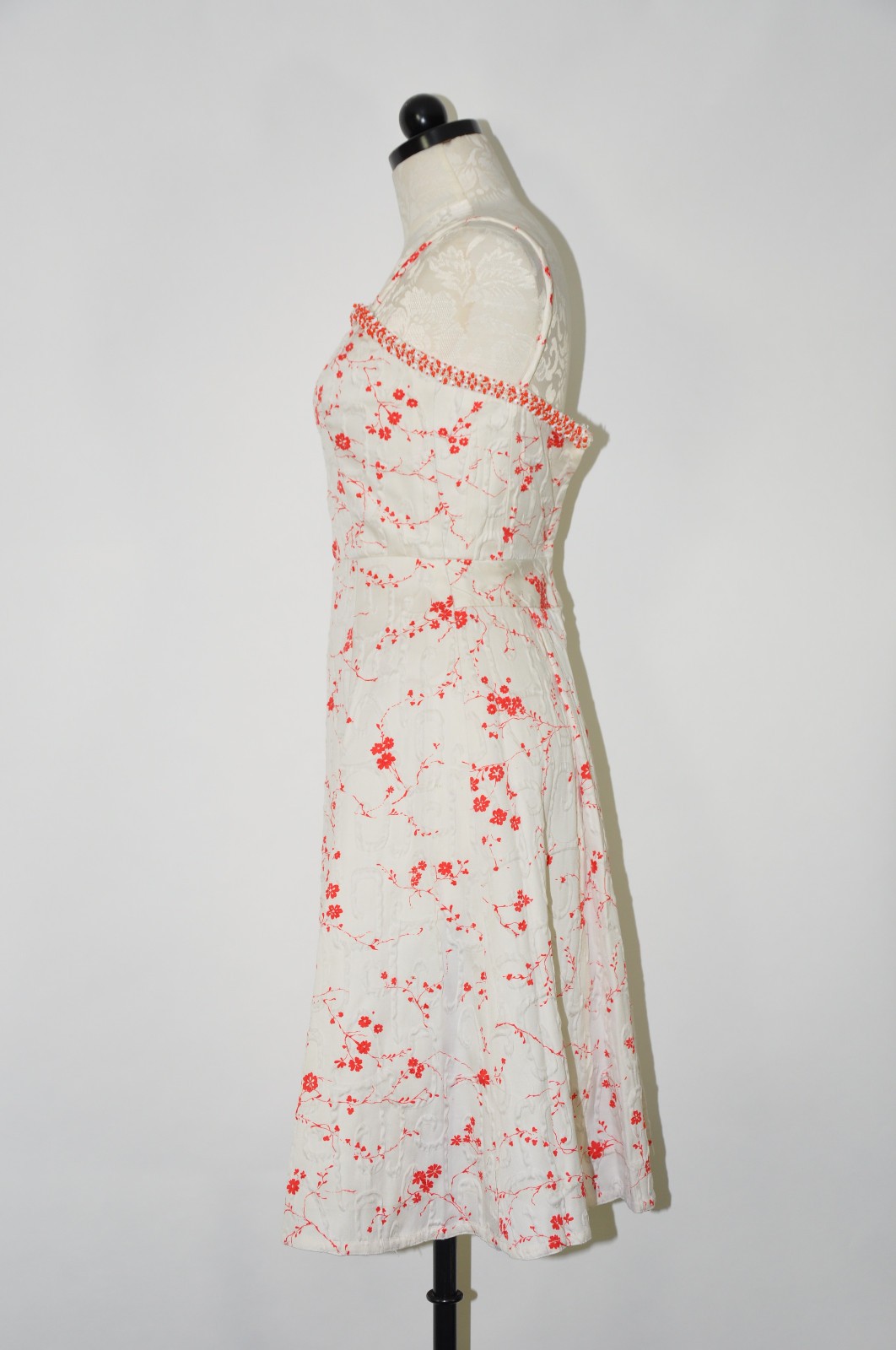 50s Vintage White Red Cherry Blossom Beaded Straps Full Skirt Day Dress Women XS