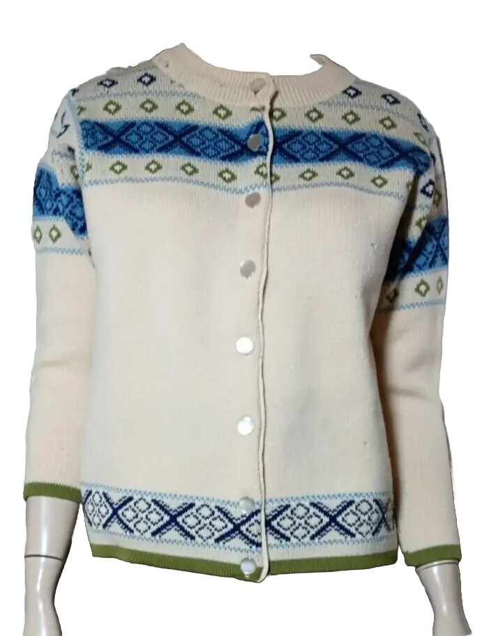 Vtg Avon Knit Wool Cardigan 60s Full Button Canadian Norwegian Style moth holes