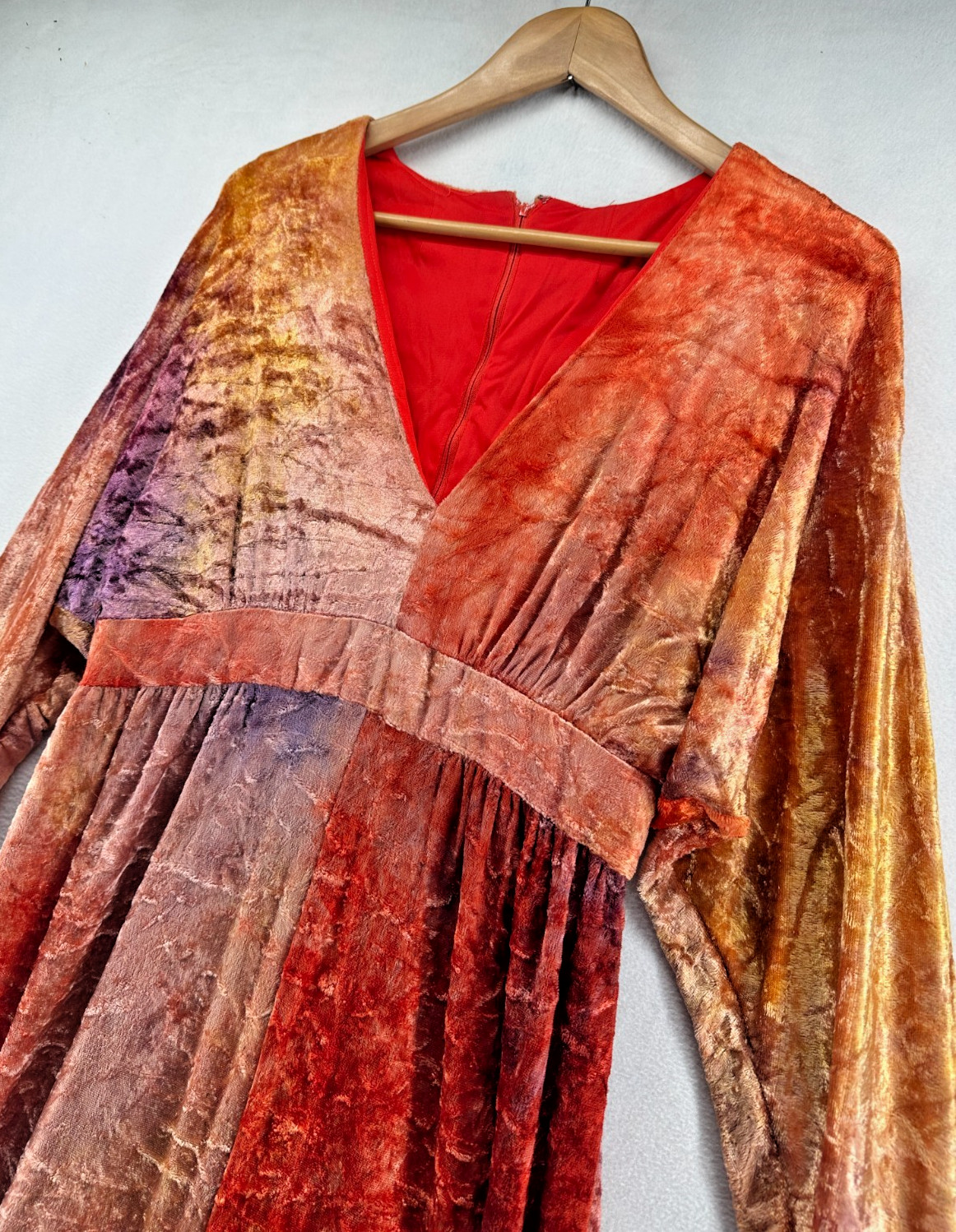 1970s Maxi Dress Vintage Disco Crushed Velvet Velour Orange Purple Size 16 Tag