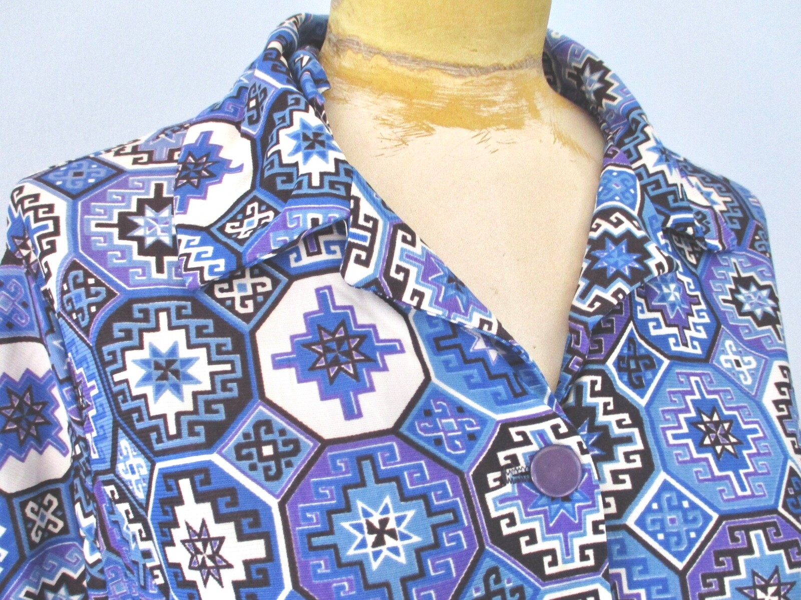 Vtg 60s 70s silky poly knit blue purple mosaic star button sheath day dress L/XL