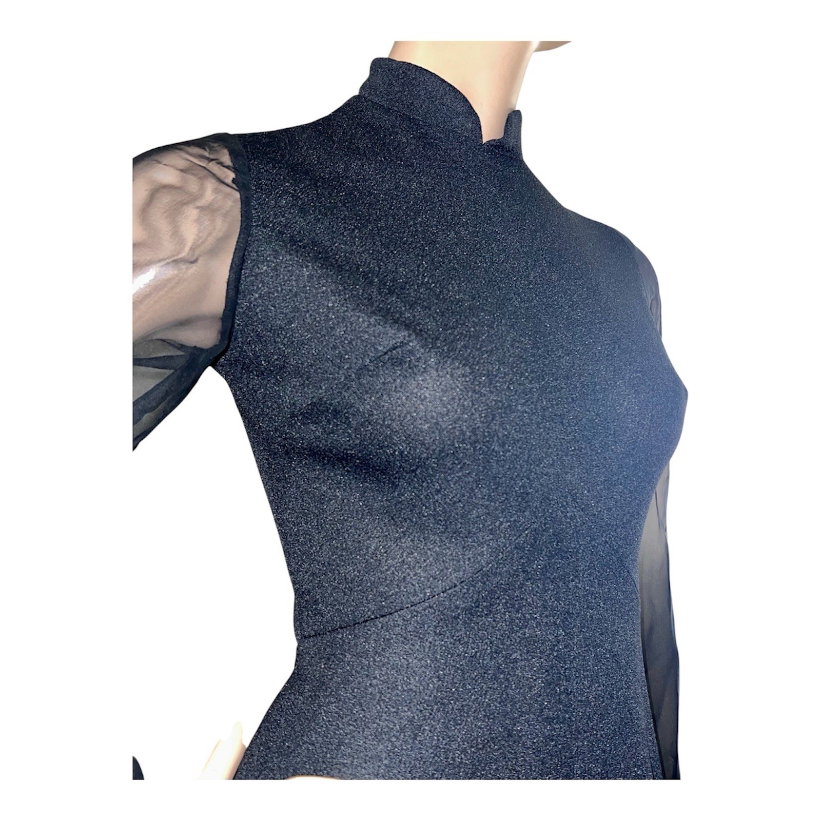 Vintage 1970 Cocktail Dress Black Party Sheer Sleeve Maxi Polyester Full Swipe S