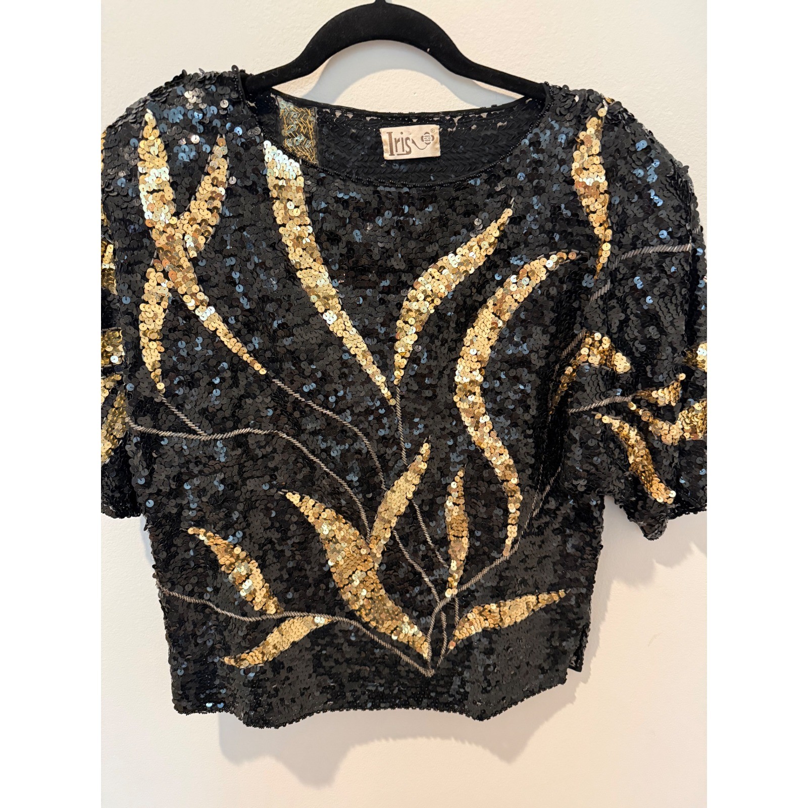 Vintage Iris Sequin Top Black Gold Beaded Evening Blouse Large