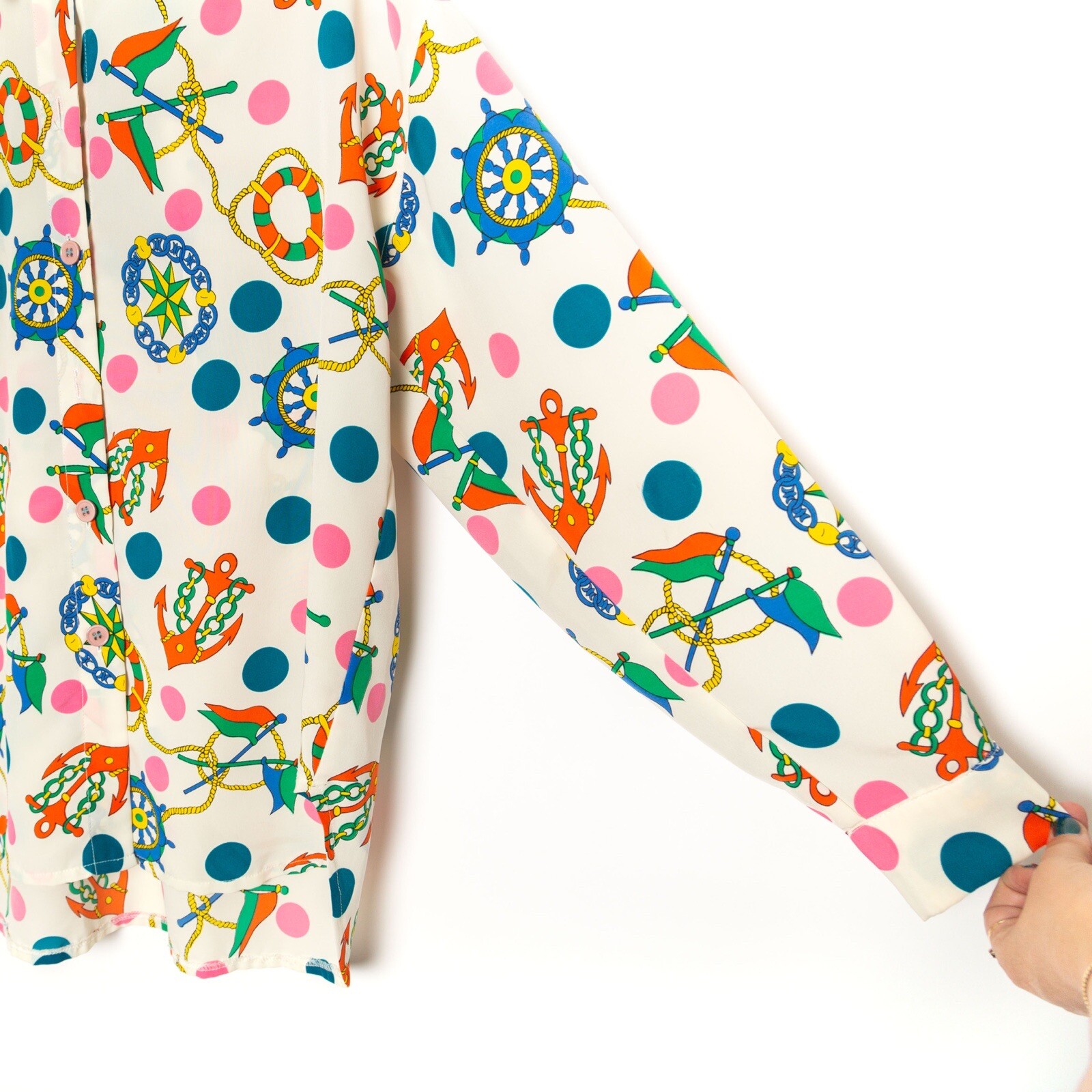 Vintage Nautical Anchor Print Blouse Multicolor Polka Dots, Approx. S M