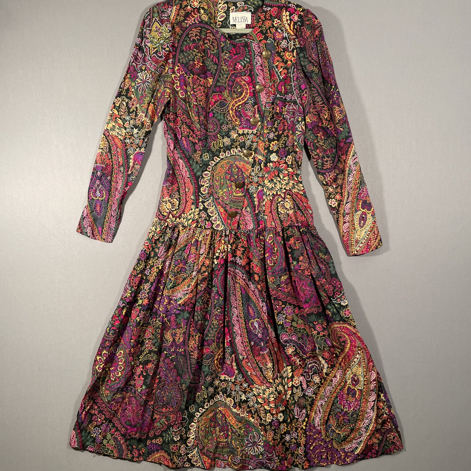 Vtg 90s Melissa Maxi Dress Drop Waist Floral Paisley Long Sleeves Sz 12