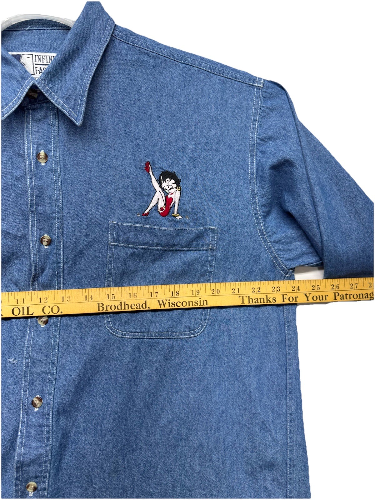 Vintage 90s Infinity Fashions Women Shirt Denim Betty Boop Embroidered Size L