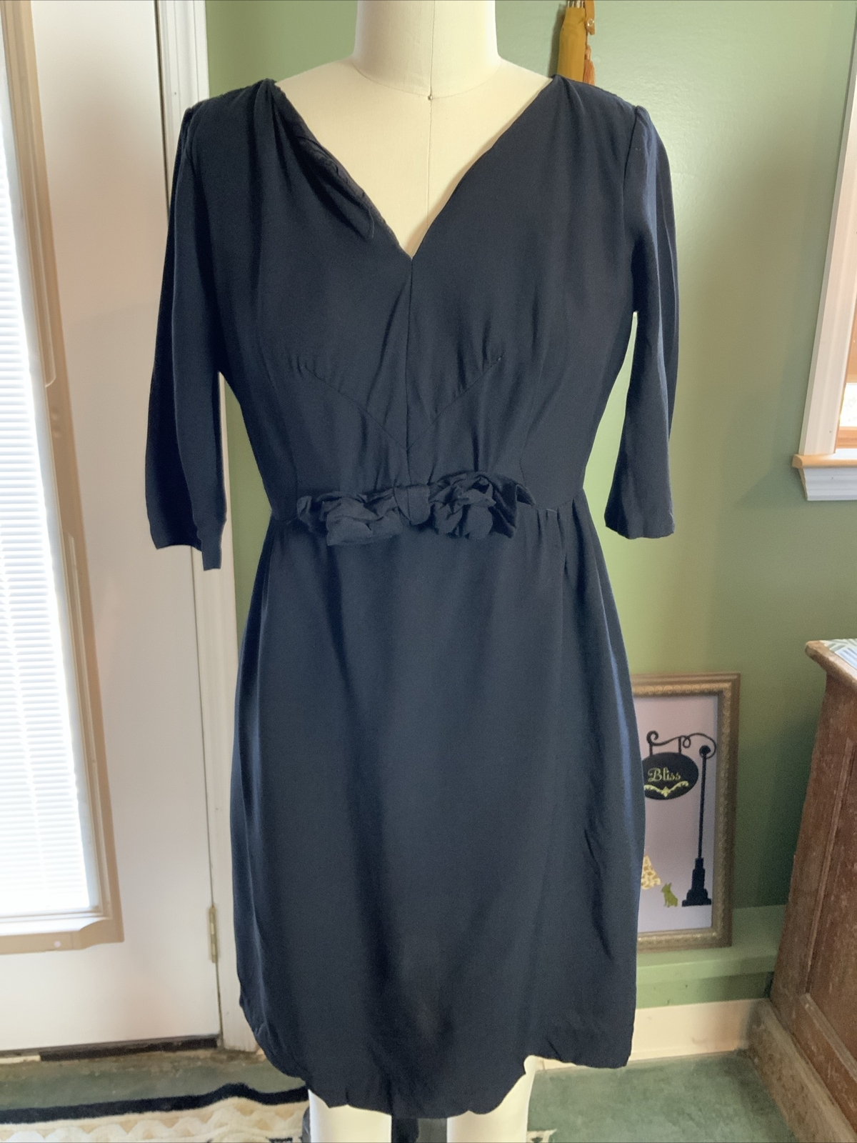 Vintage Lora Lenox V Neck Dress Lined Black Cocktail Style Sz 8 Sleeves 3/4