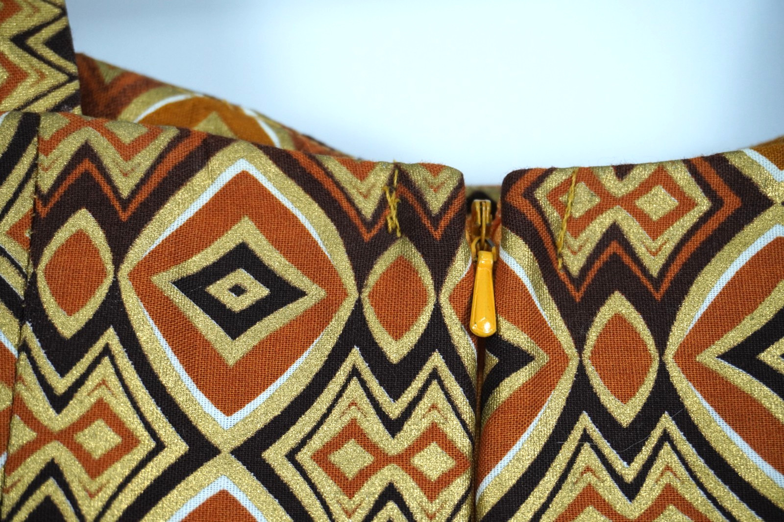 Retro 1960s Dress XS gold and brown boho retro empire style handmade Geometric