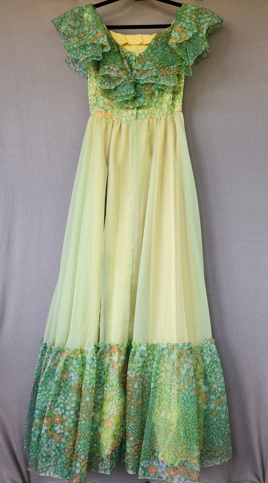 Vintage 60s Floral Chiffon Maxi Dress Ruffle Flutter Capelet Yellow Green Party