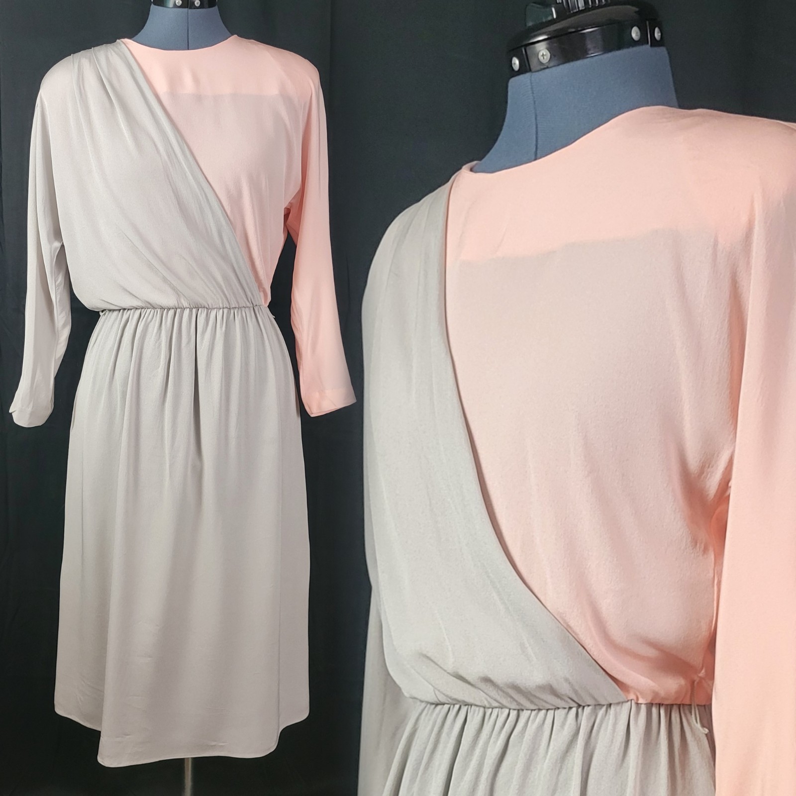 Vintage David Warren Peachy Pink & Grey Blouson Dress w Layered Top Size 10