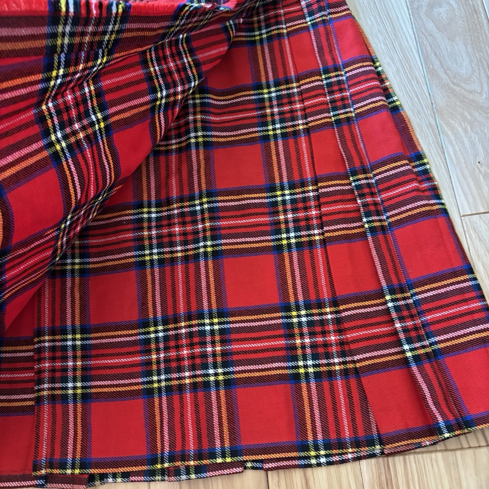 Vintage Pleated Red Plaid Wool Blend Buckle Accent Wrap Style Skirt