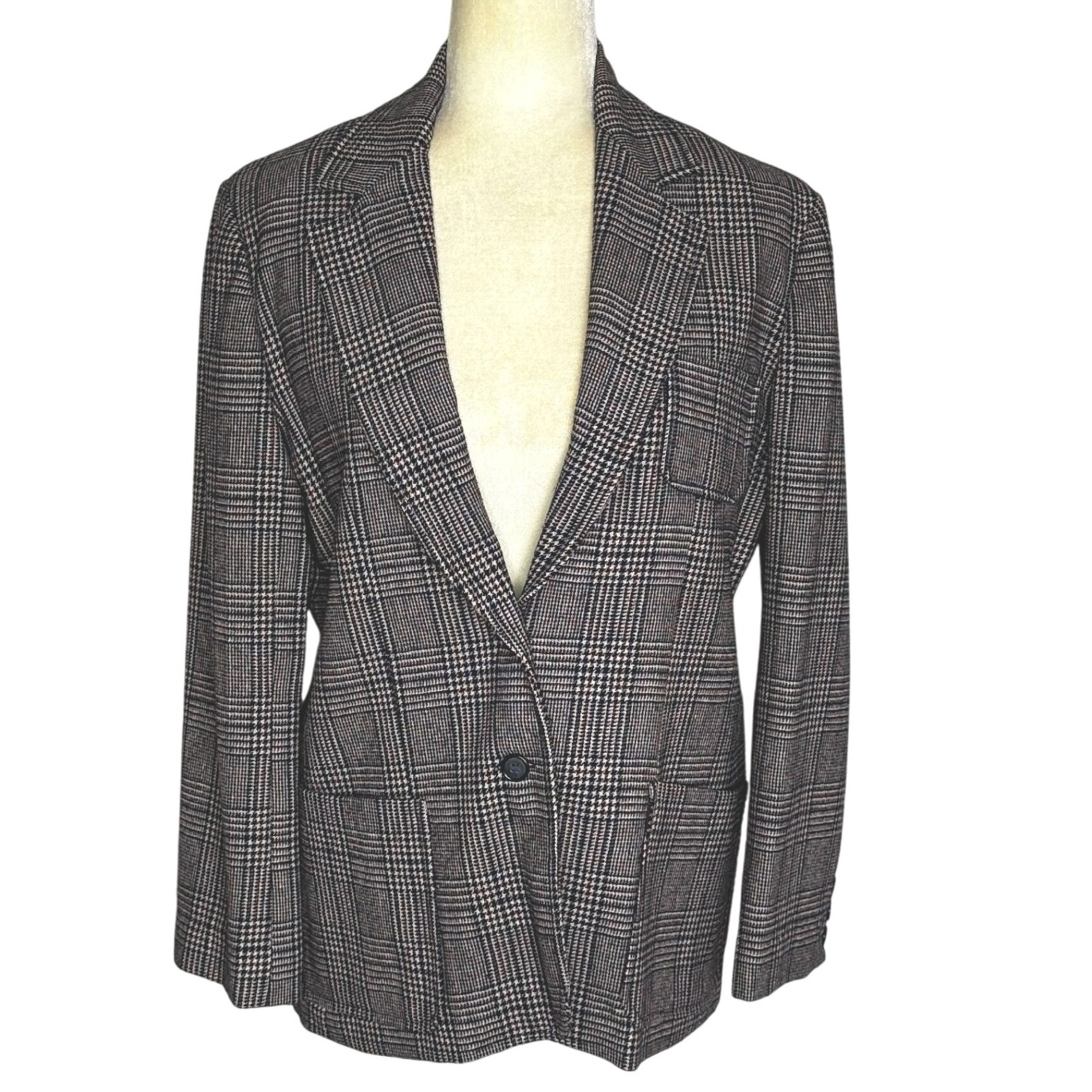 Vintage 70s Houndstooth Plaid Blazer Navy Burgundy Wool Look Tailored Medium