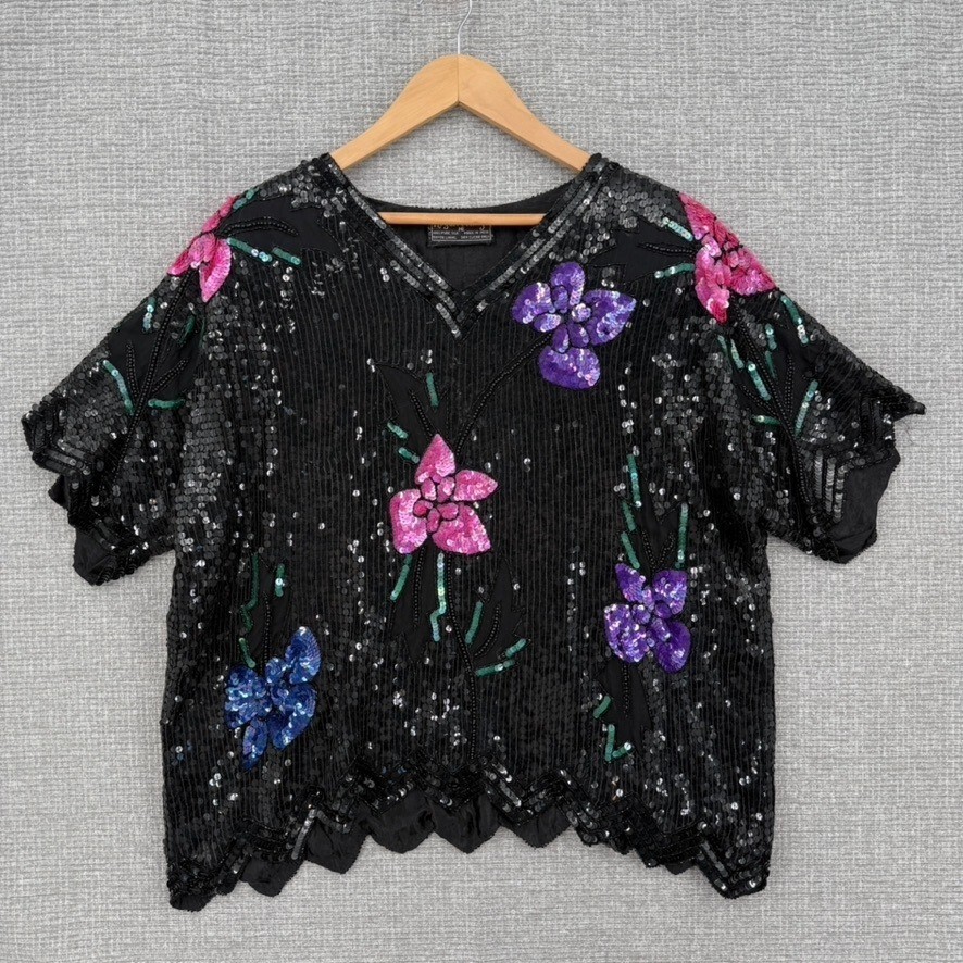 Vintage Royal Feelings Sequin Floral Silk Top Women Large Black Beaded Boho