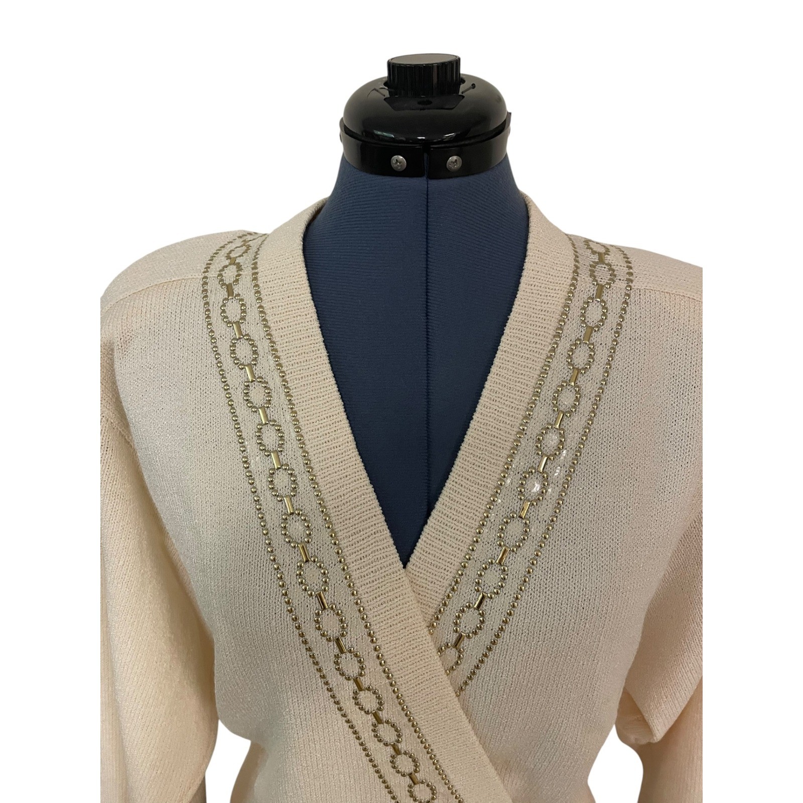 Vtg St. John Cream Beaded Faux Wrap Santana Knit Batwing Sleeve Sweater Retro M