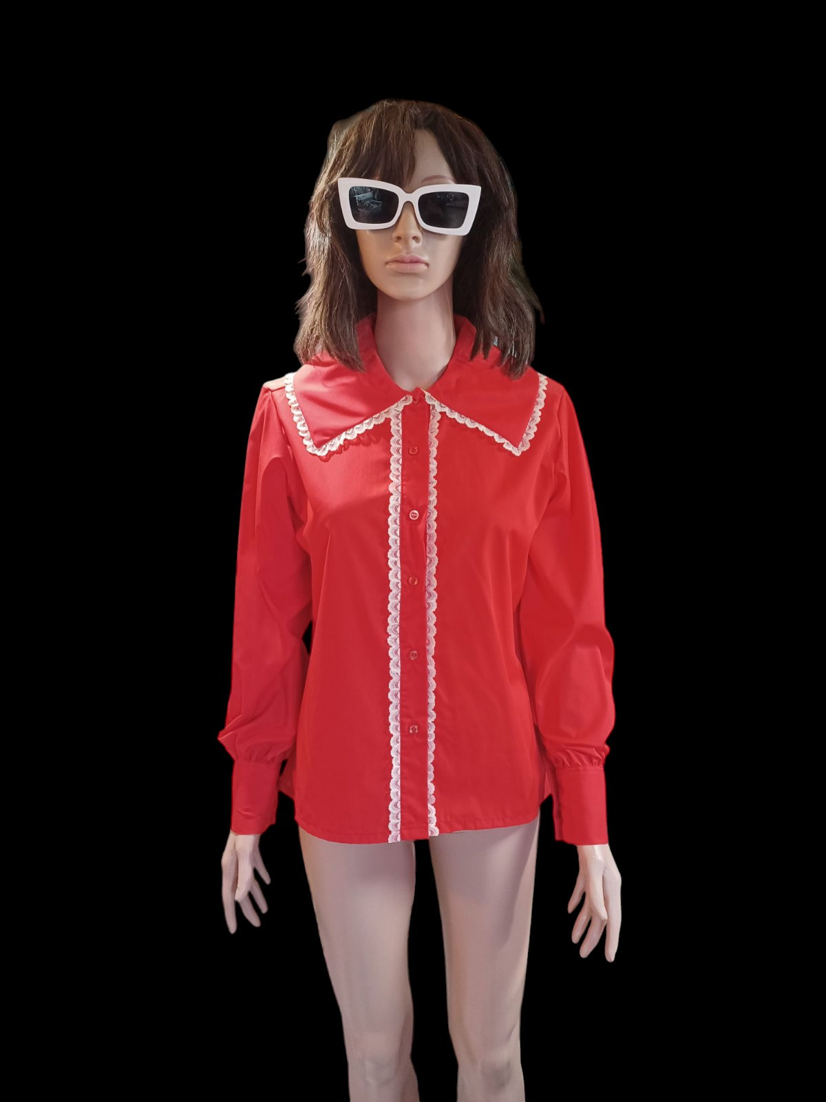 True VTG Mid-century 1960s 1970s Sears Big Collar Ladies Shirt Mod MCM Lace L