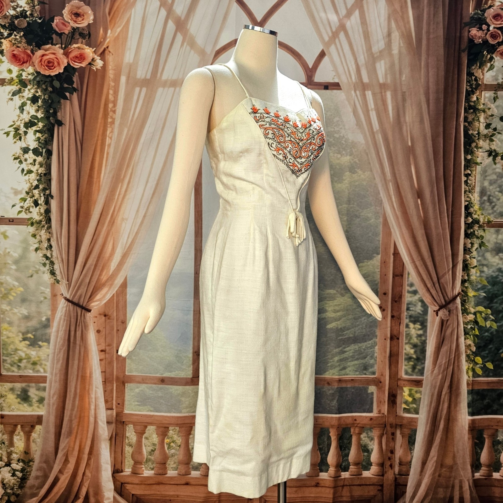 Vintage 1960’s Dress Shift Mod Cream Orange Beads and Rhinestone Embroidered