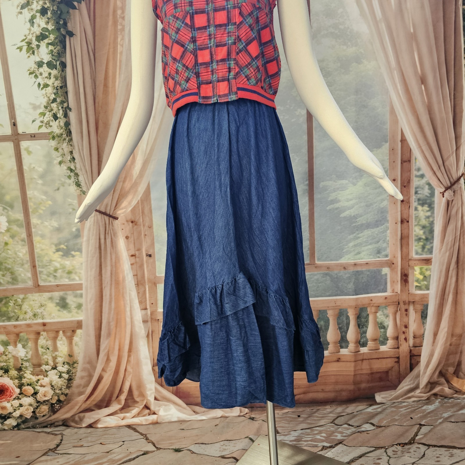 Vintage 1970s Skirt Denim Blue Jean Ruffle Flowy Midi Length Retro Chequers