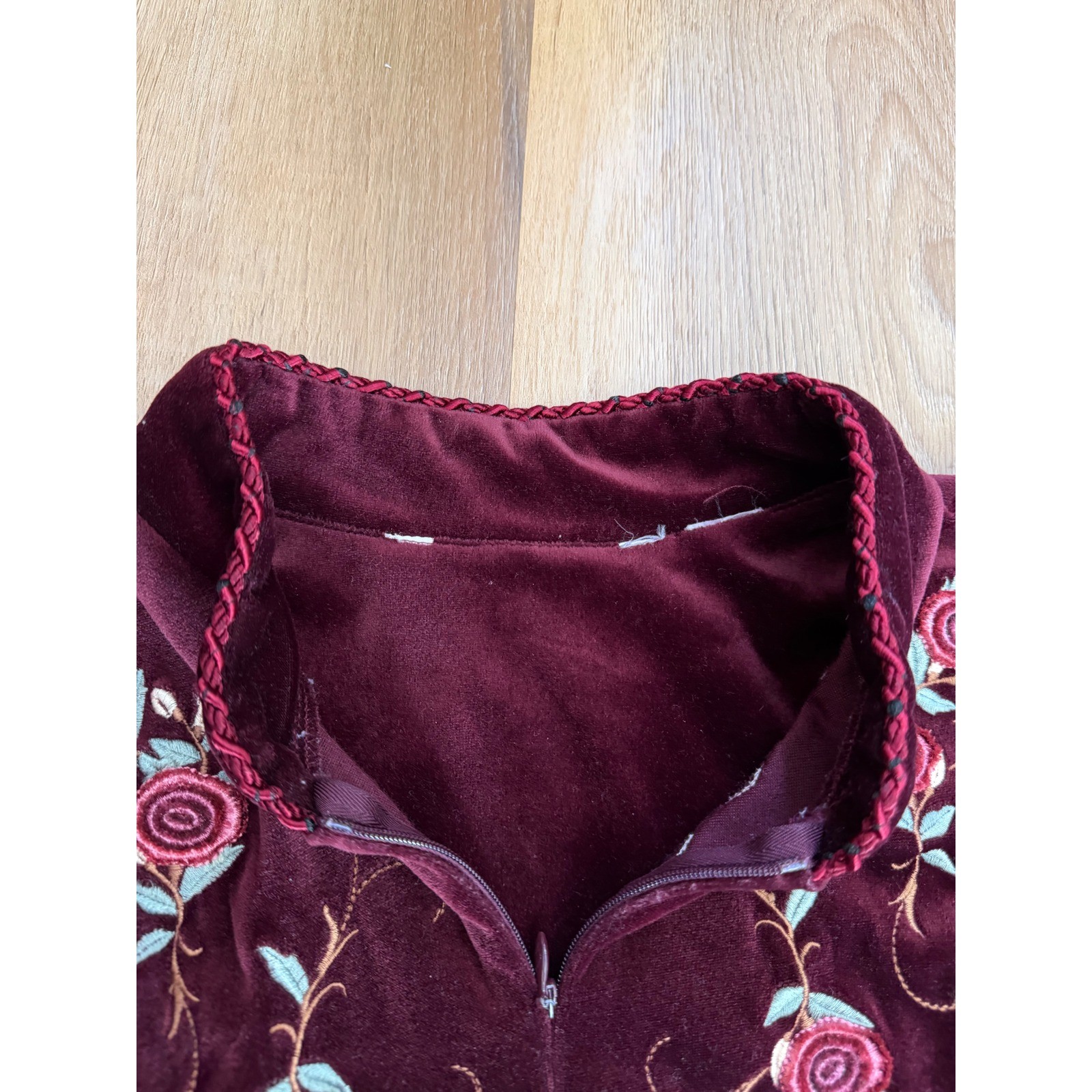 Vintage Burgundy Velour Floral Embroidered Kaftan Robe Dress L housecoat