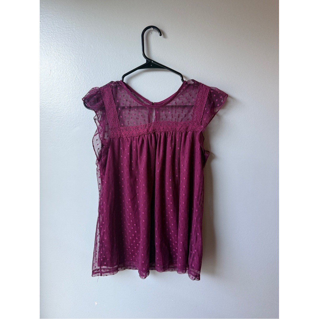 Girls Plum Swiss Dot Mesh Ruffle Sleeve Blouse Size L 11-13