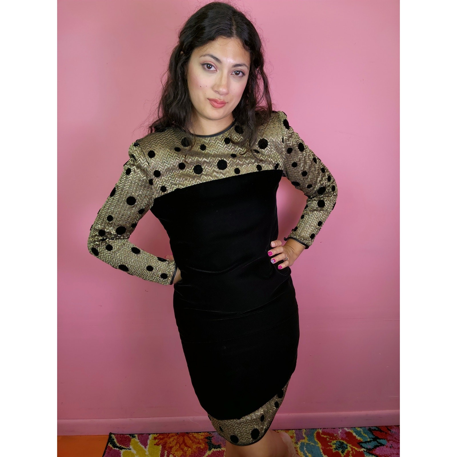 Vintage 1980’s Black Velvet Metallic Gold Polka Dot Long Sleeve Cocktail Dress