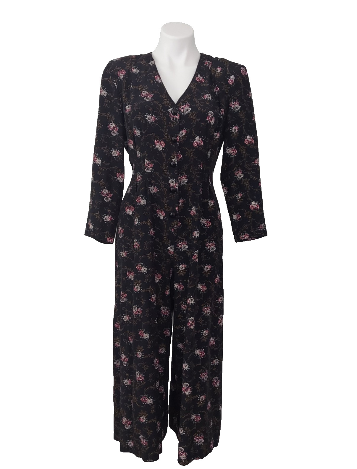 Vintage 90s Jonathan Martin Floral Cottage Grunge Button Up Jumpsuit Black